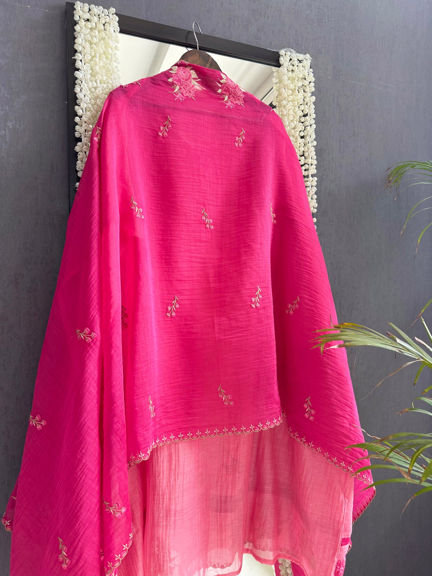 Luxurious Mul chanderi appliqué floral suit