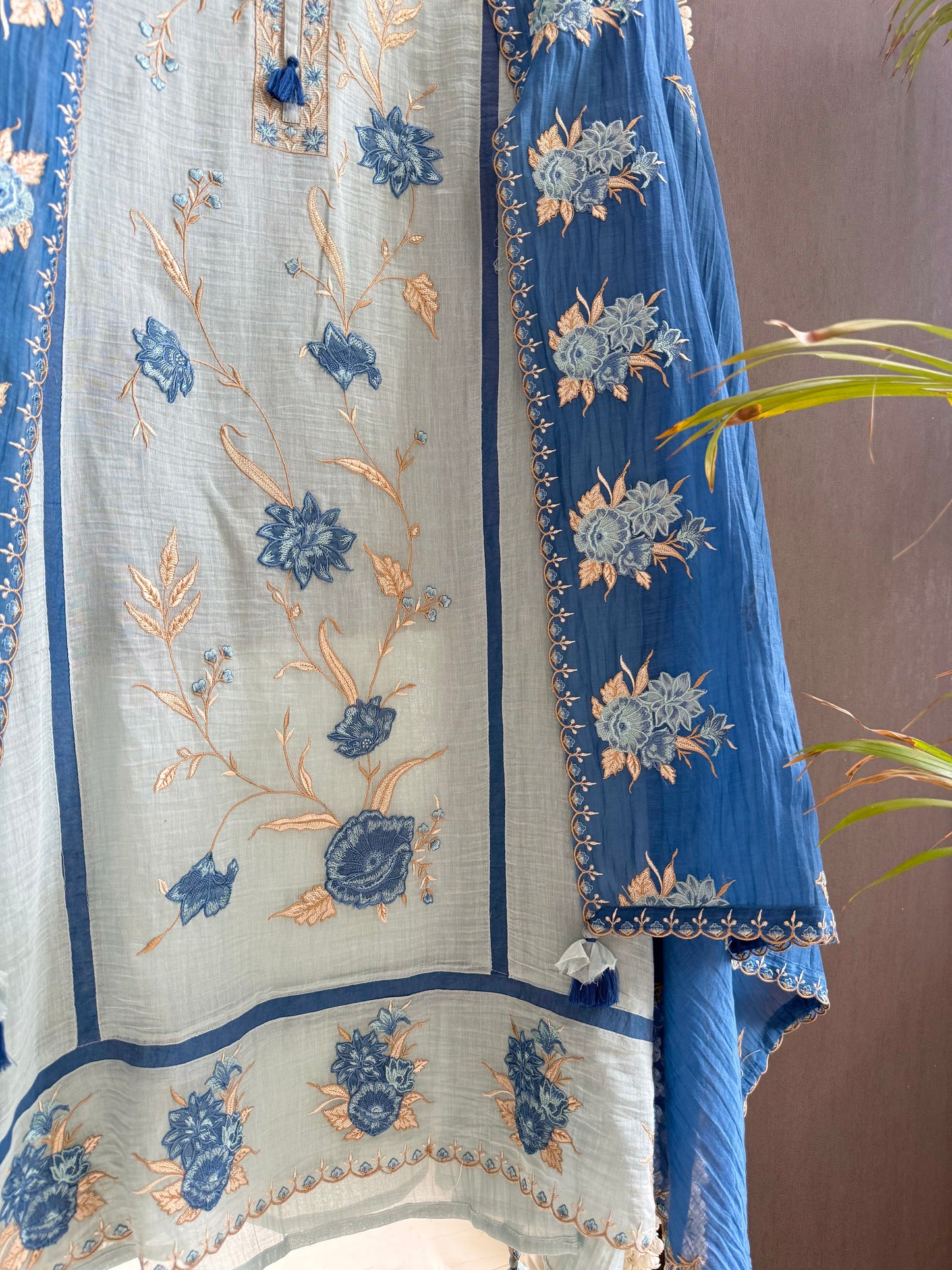 Luxurious Mul chanderi appliqué floral suit