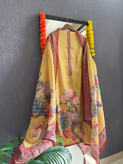 Pure linen peacock kantha work suit