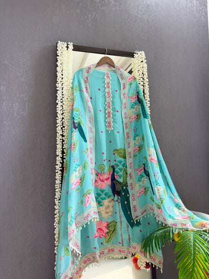 Soft silk peacock hand work suit