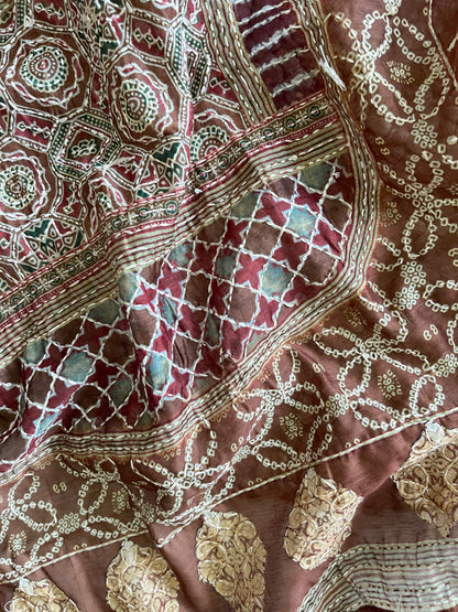 Maheshwari Kantha work Ajrakh Unstitched suit