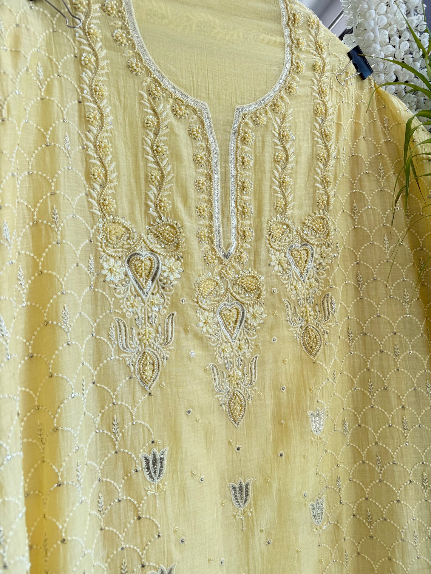 Luxurious Mul chanderi lucknowi tulip and hearts suit