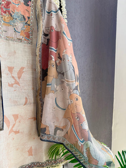 Linen jamdani pichwai suit