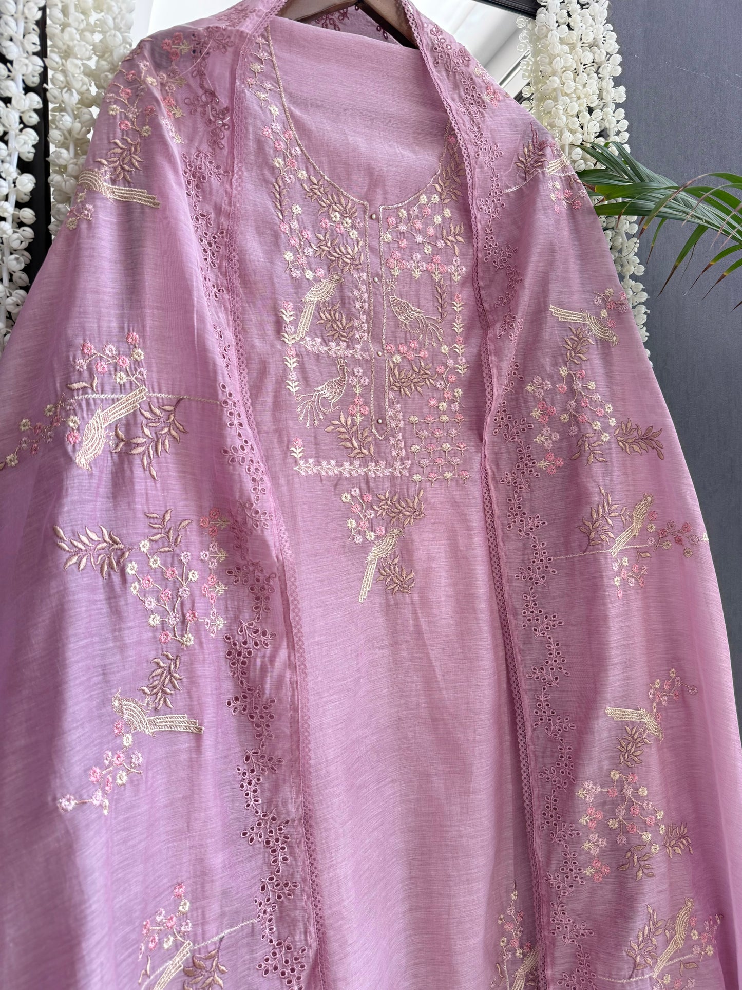 Luxurious Mul chanderi schiffili peacock suit
