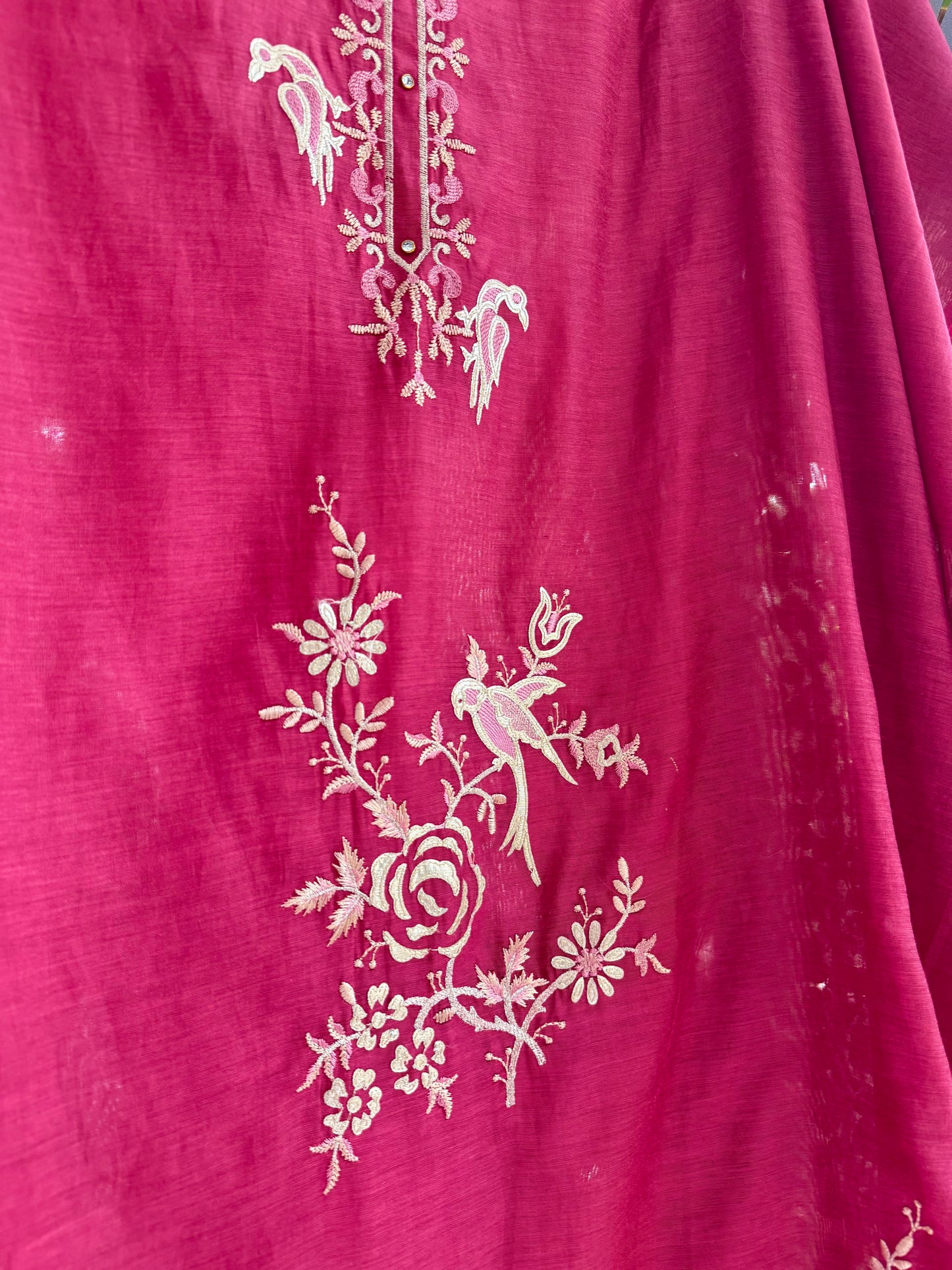 Luxurious Mul chanderi gota appliqué birds roses suit