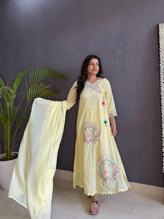 Premium mul cotton embroidered handwork Aline suit
