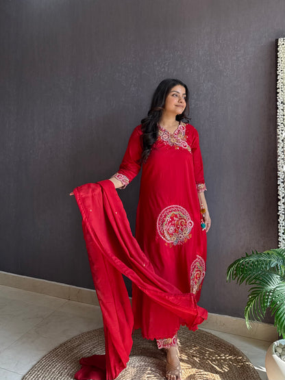 Premium mul cotton embroidered handwork Aline suit