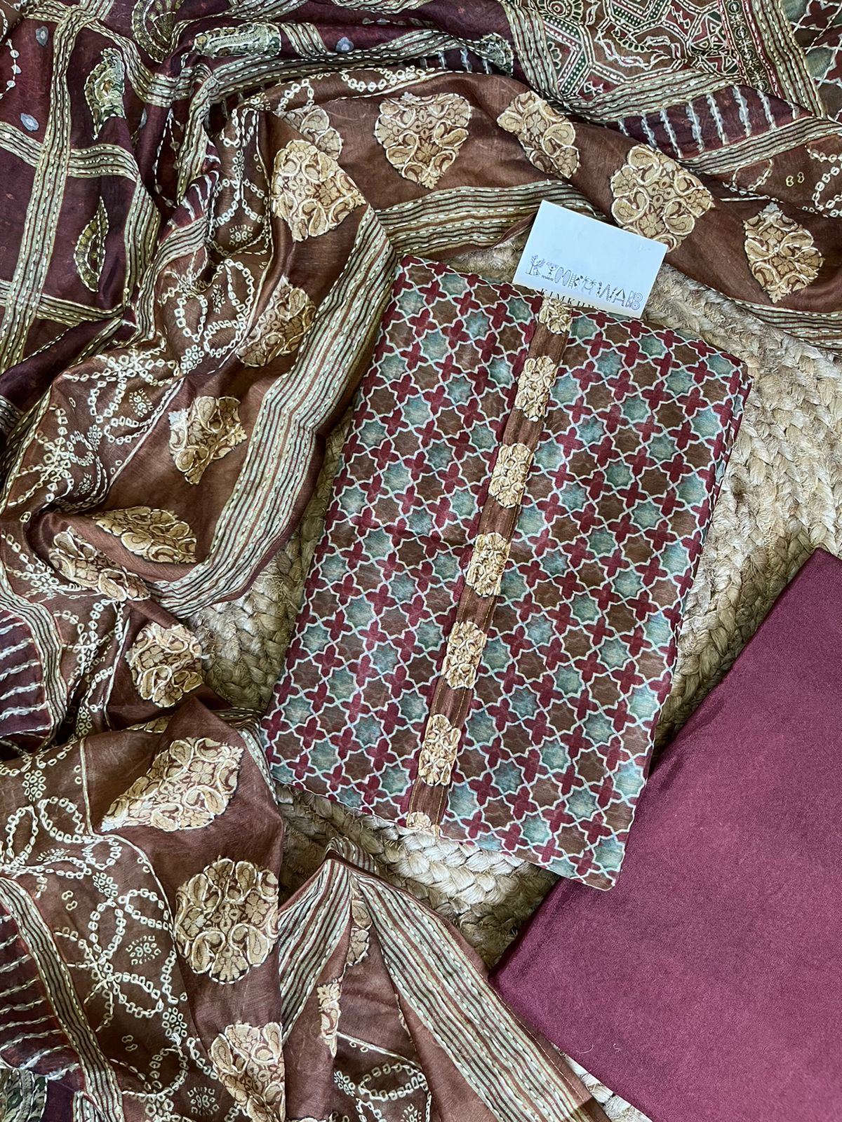 Maheshwari Kantha work Ajrakh Unstitched suit