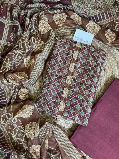 Maheshwari Kantha work Ajrakh Unstitched suit