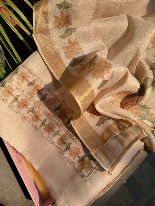 Pure linen lotus kantha work suit