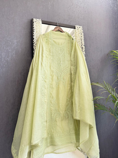 Luxurious Mul chanderi monochromatic threadwork suit