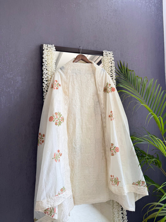 Mulmul cotton Lucknowi blockprinted suit