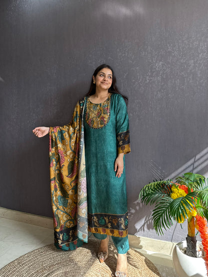 Tussar kalamkari lotus suit set