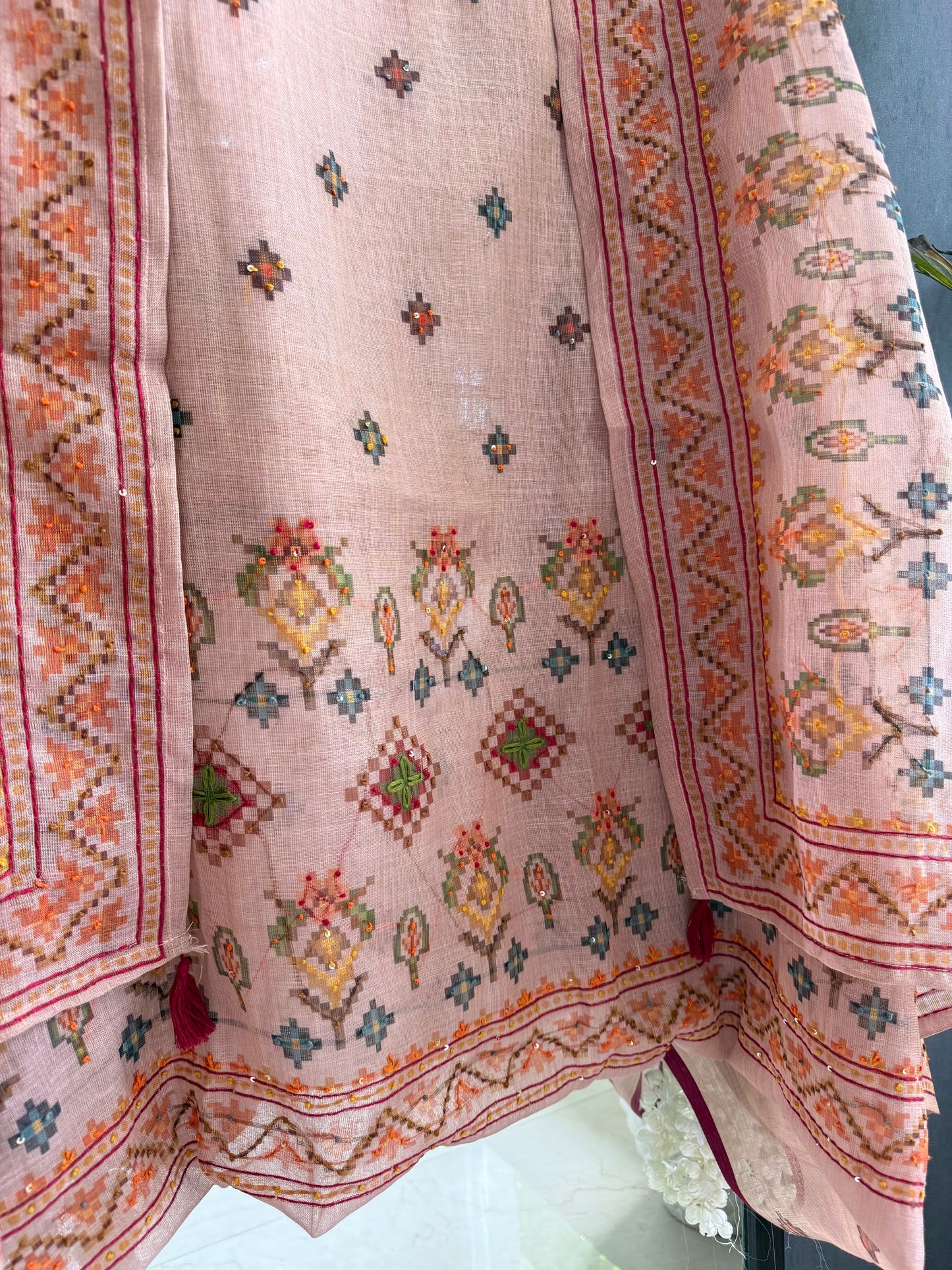 Linen ikkat Frenchknot kantha work suit