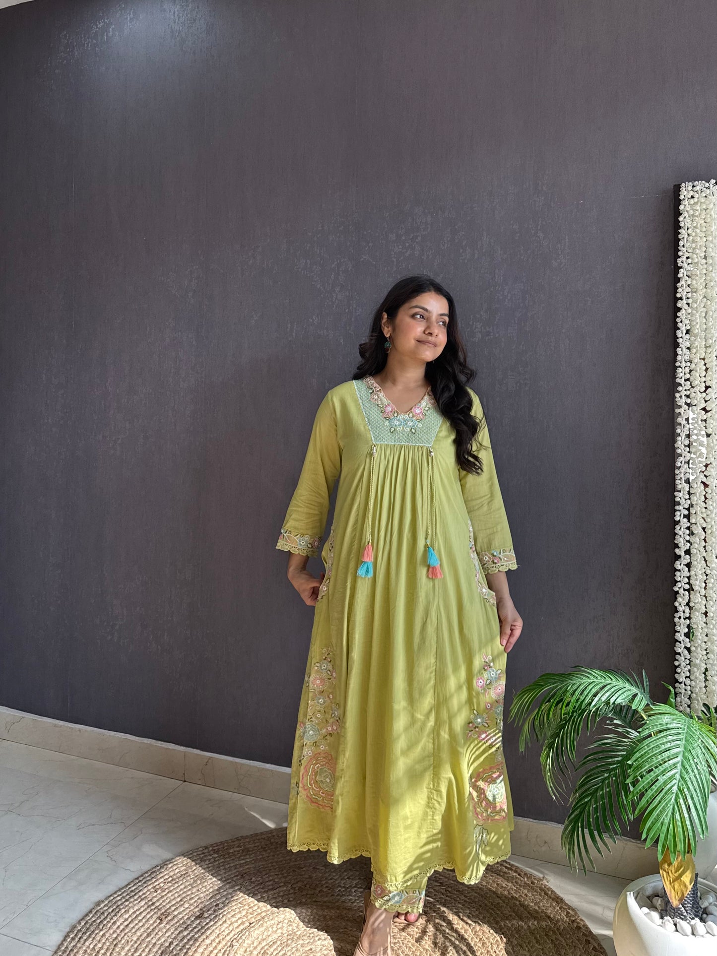 Premium mul cotton embroidered handwork Aline suit