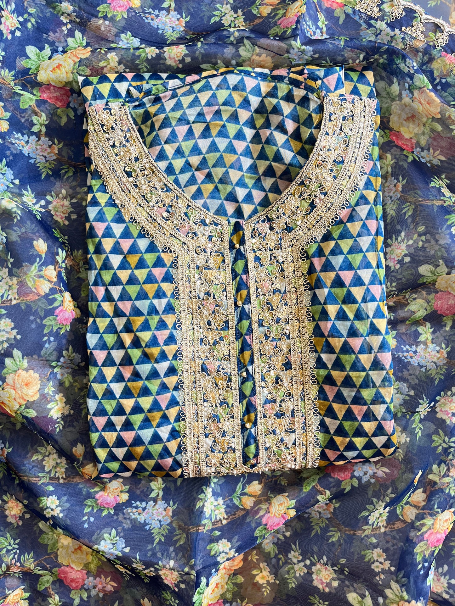 Aari work pearlwork organza suits