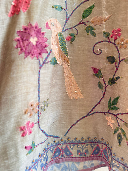 Pure linen birds frenchknot kantha work suit