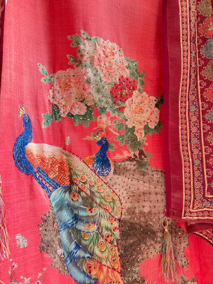Pure linen peacock kantha work suit