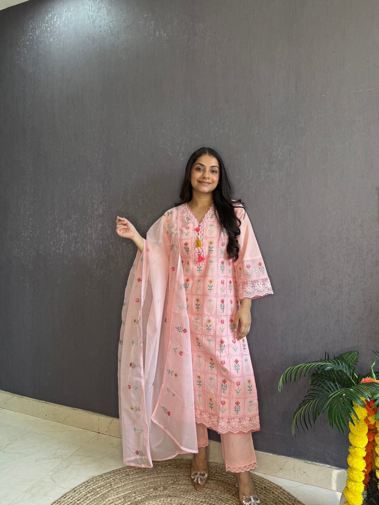 Cotton checked floral designer suit