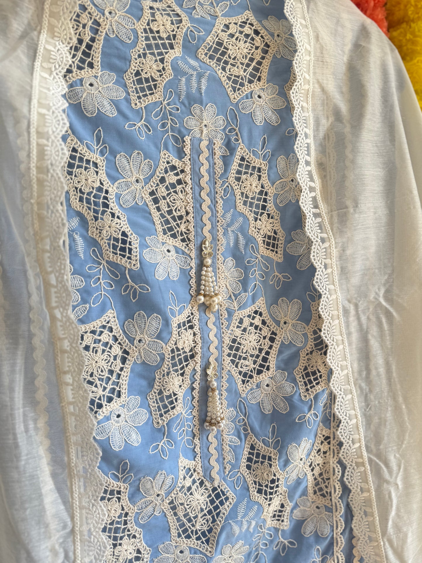 Luxurious Mul chanderi crochet handwork suit