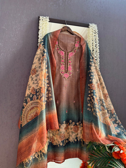 Pure linen frenchknot kalamkari suit