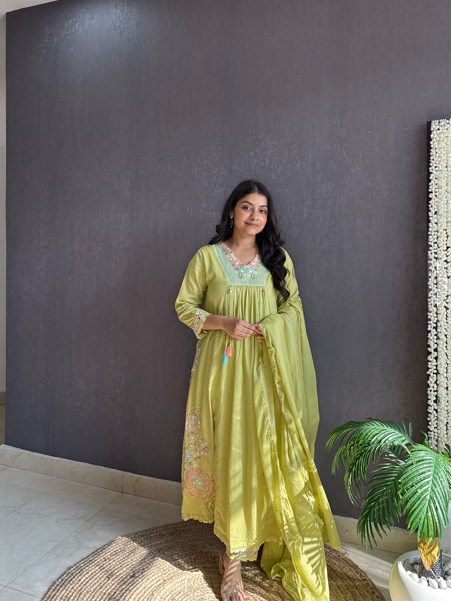 Premium mul cotton embroidered handwork Aline suit