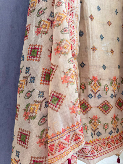 Linen ikkat Frenchknot kantha work suit