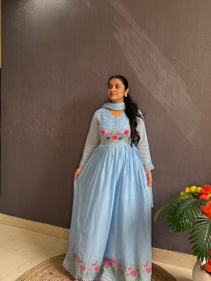 Mal cotton roses embroidered french knot Anarkali