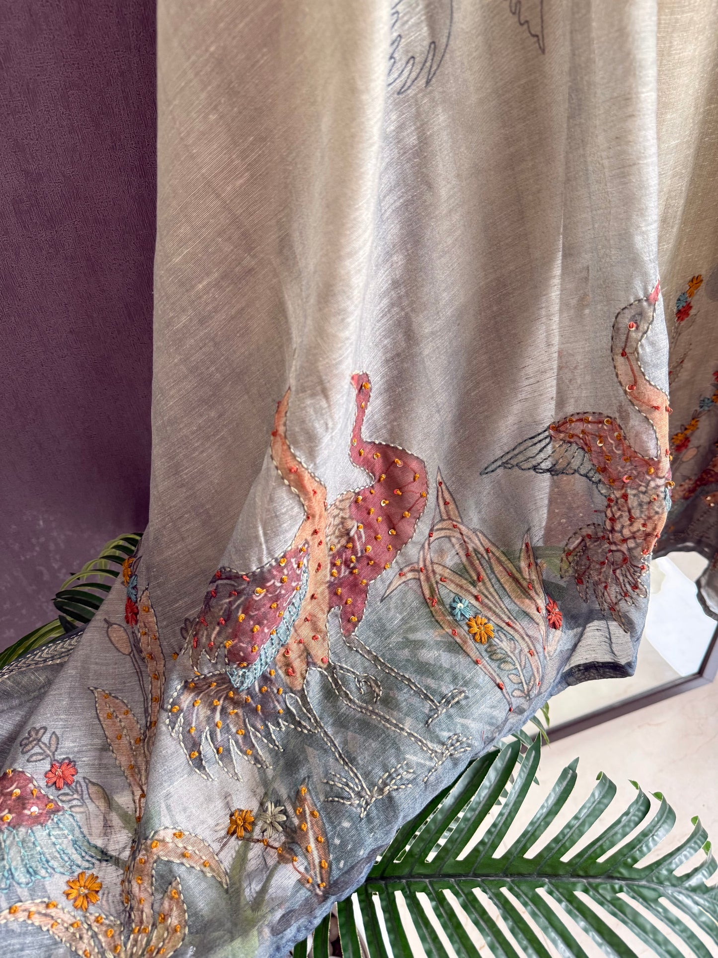 Pure linen birds frenchknot kantha work suit