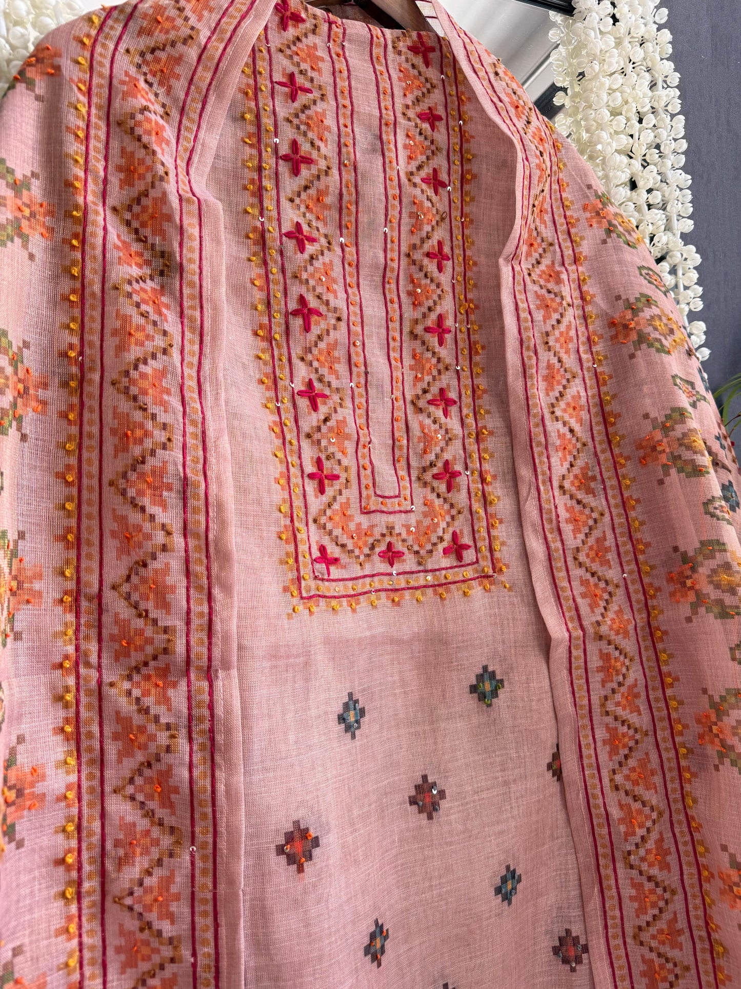 Linen ikkat Frenchknot kantha work suit