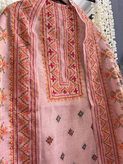Linen ikkat Frenchknot kantha work suit