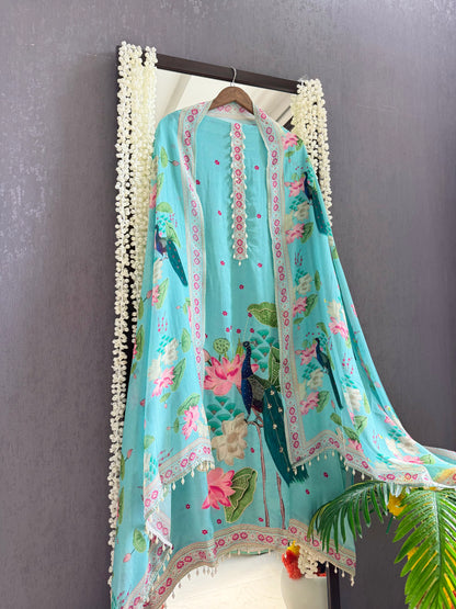 Soft silk peacock hand work suit