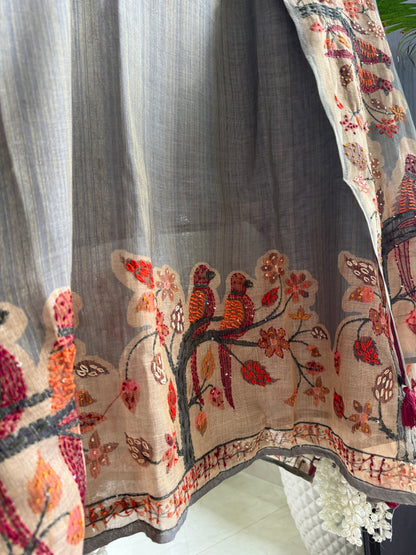Pure linen bird kantha art handwork suit