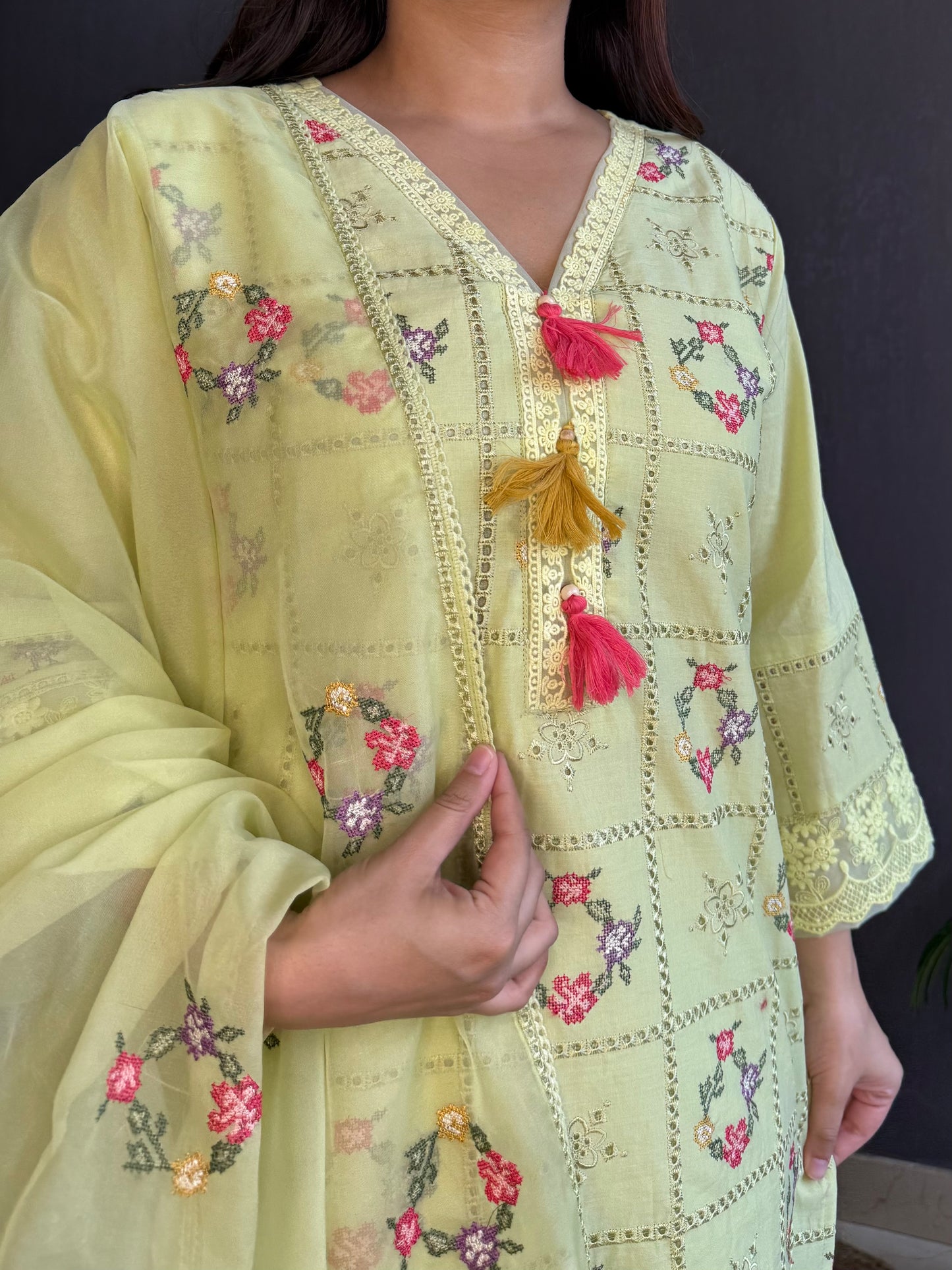 Cotton checked floral designer suit