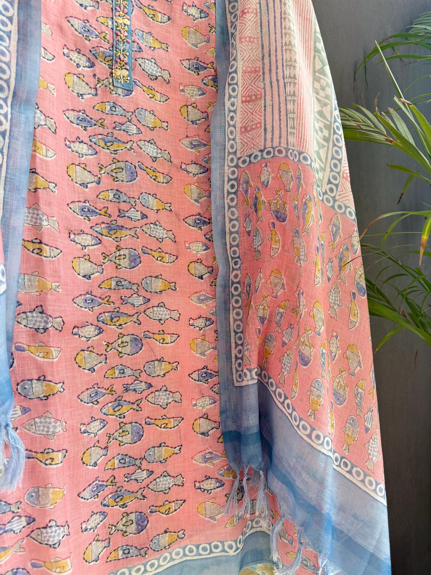 Linen fishes kantha work suit