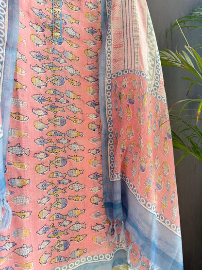 Linen fishes kantha work suit