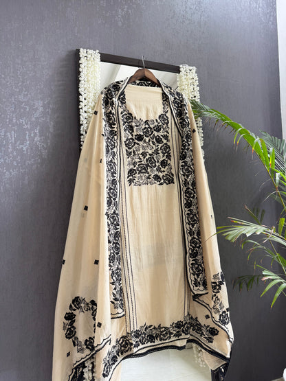 Luxurious Mul chanderi Parsi work florals suit