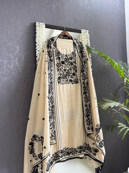 Luxurious Mul chanderi Parsi work florals suit