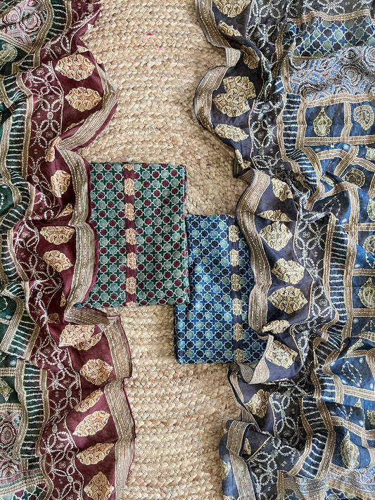 Maheshwari Kantha work Ajrakh Unstitched suit