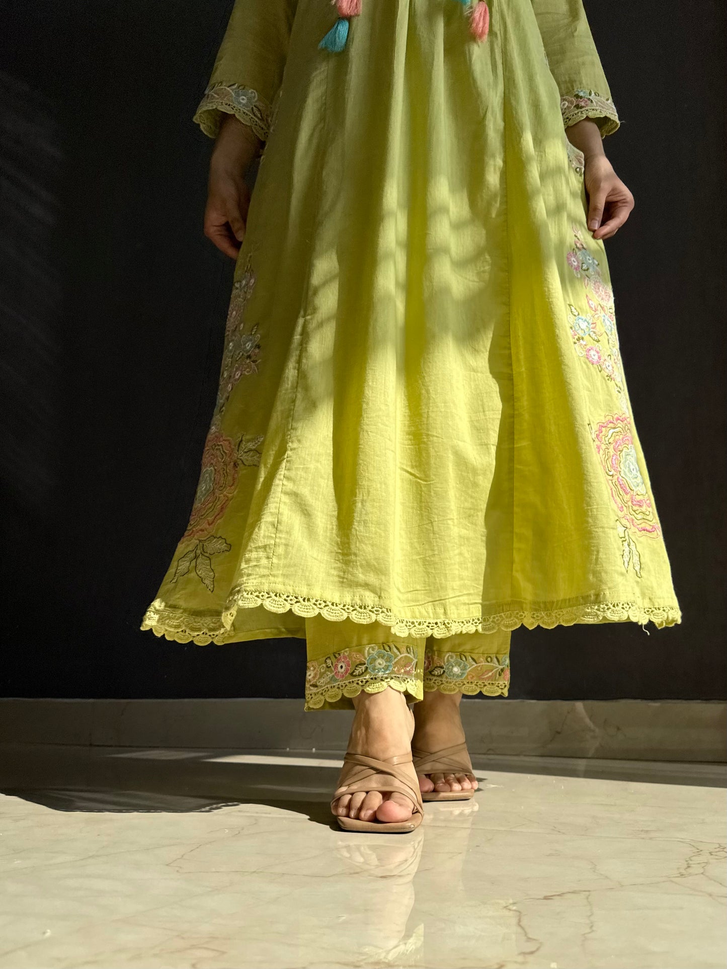 Premium mul cotton embroidered handwork Aline suit