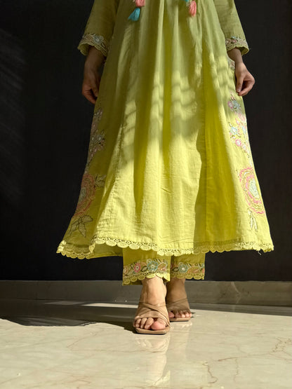 Premium mul cotton embroidered handwork Aline suit