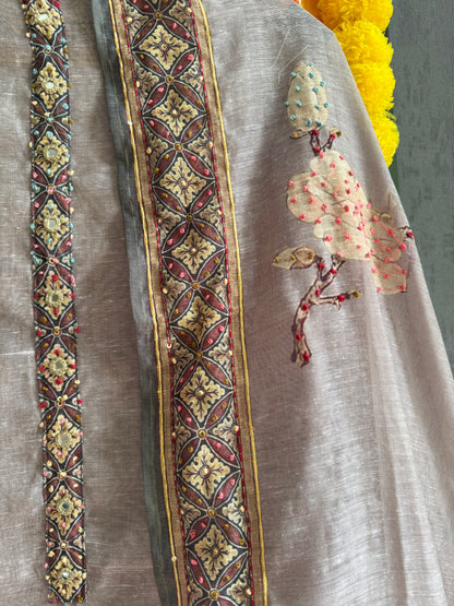 Pure linen swans frenchknot kantha work suit