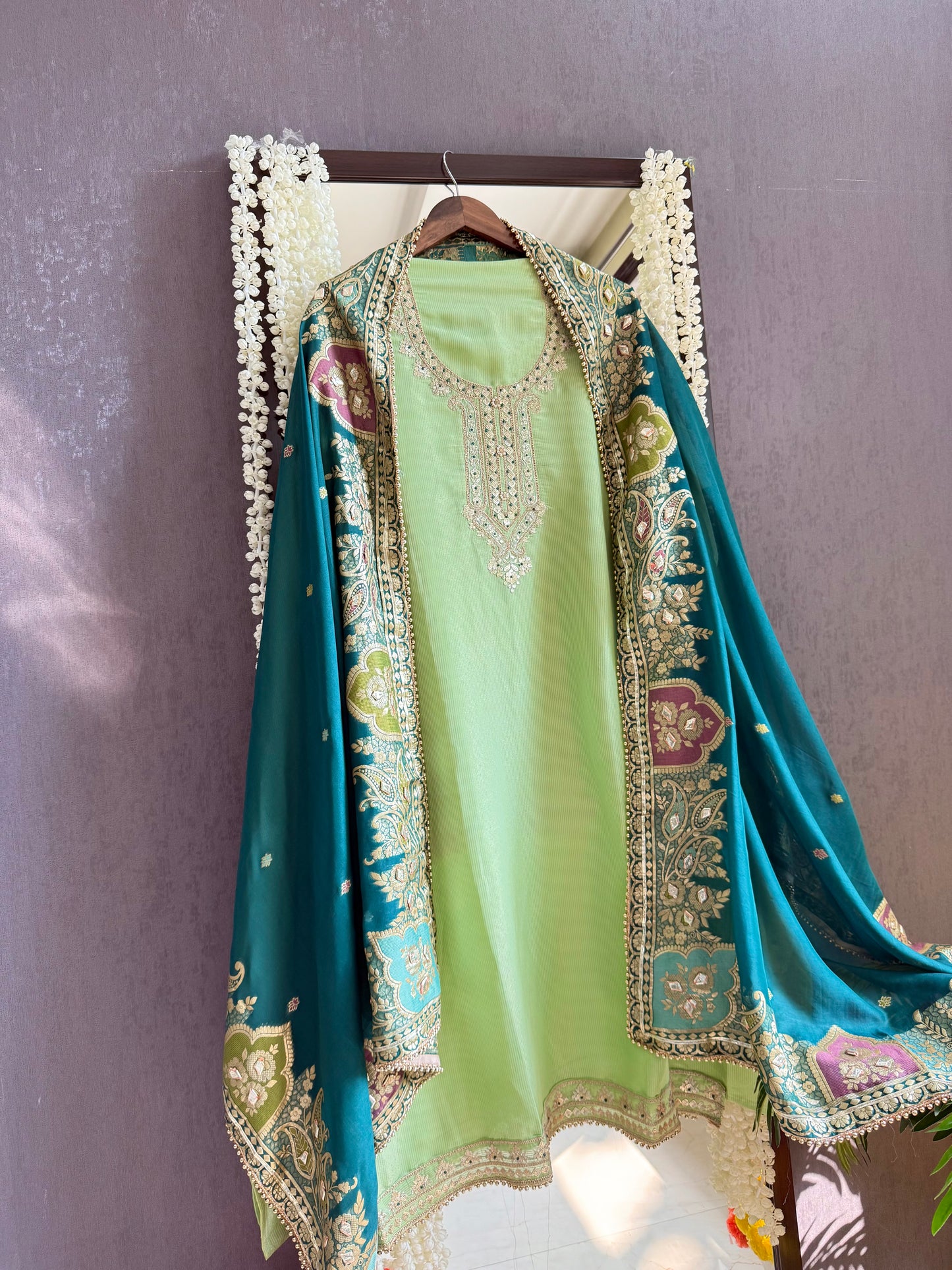 Tissue zari Aari work Meenakari suit