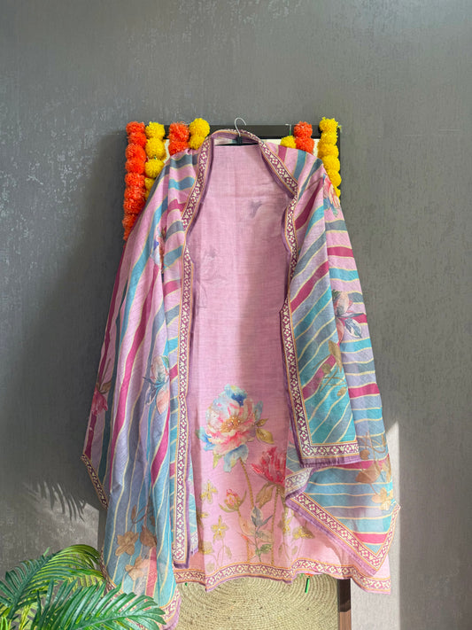 Pure linen lotus kantha work suit