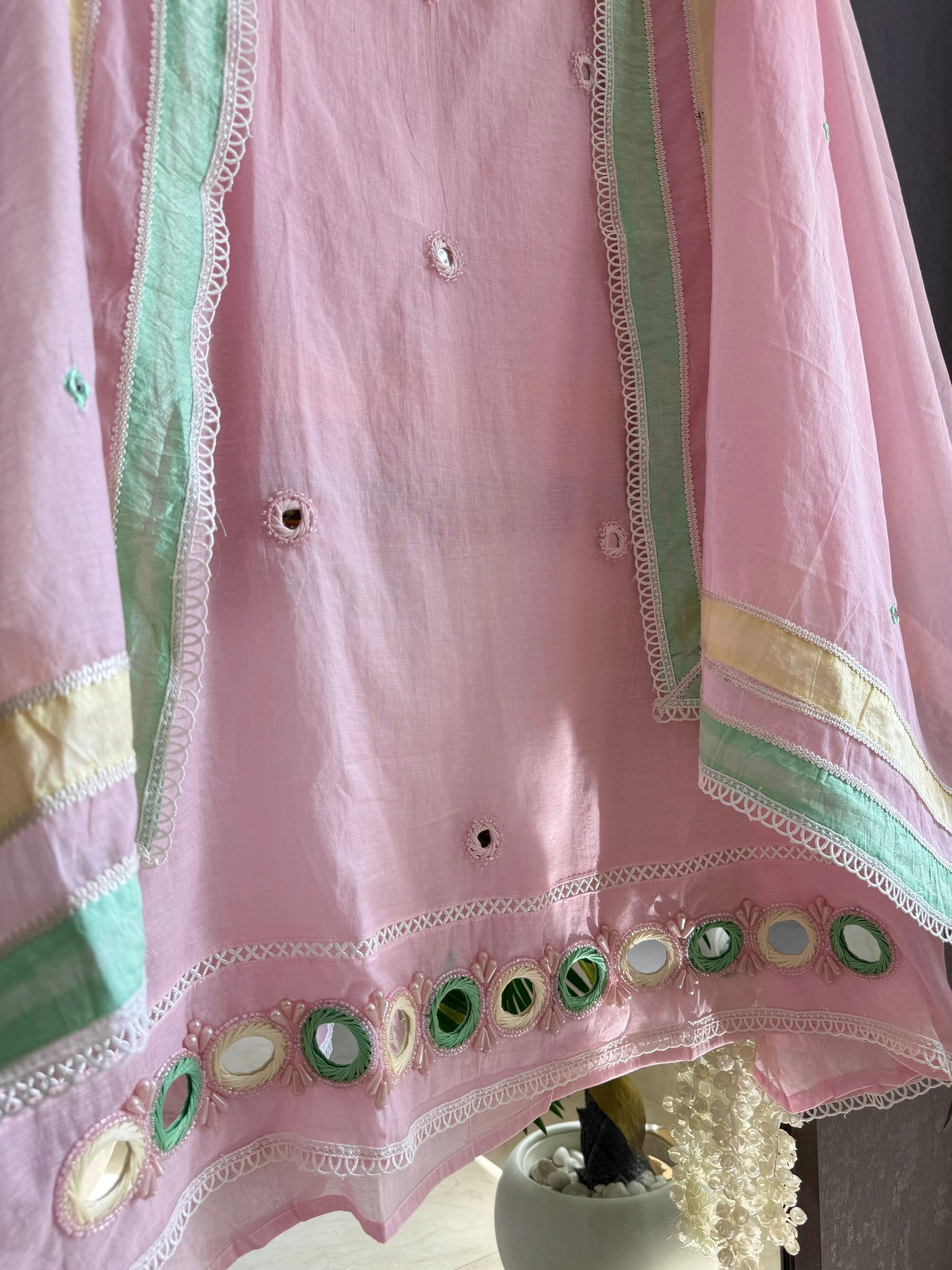 Luxurious Mul chanderi mirrorwork suit