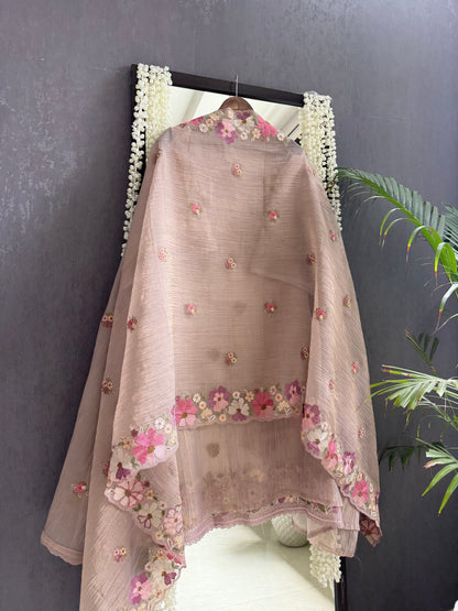 Luxurious Mul chanderi appliqué work floral suit