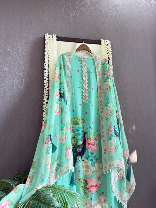 Soft silk peacock hand work suit