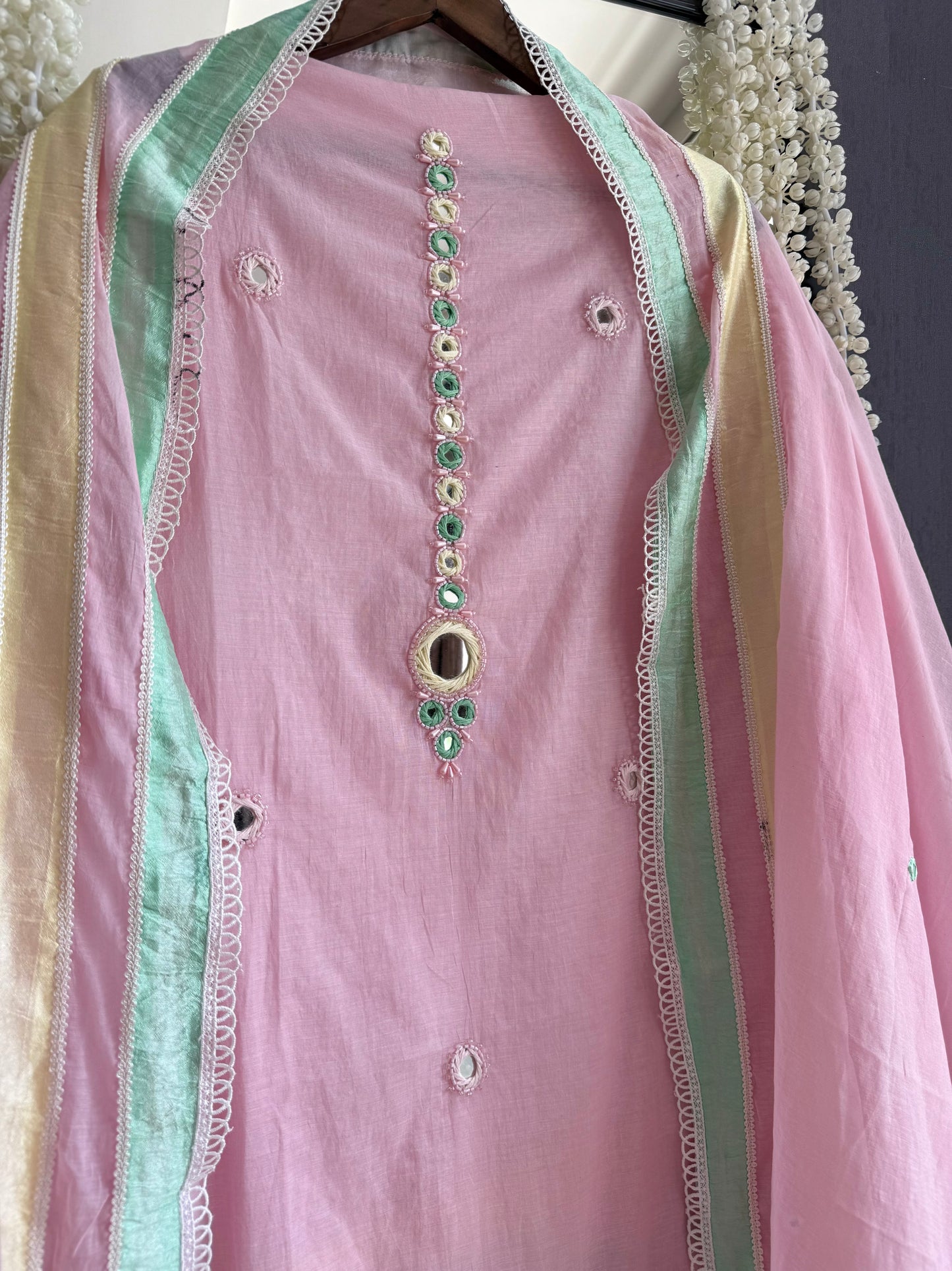 Luxurious Mul chanderi mirrorwork suit