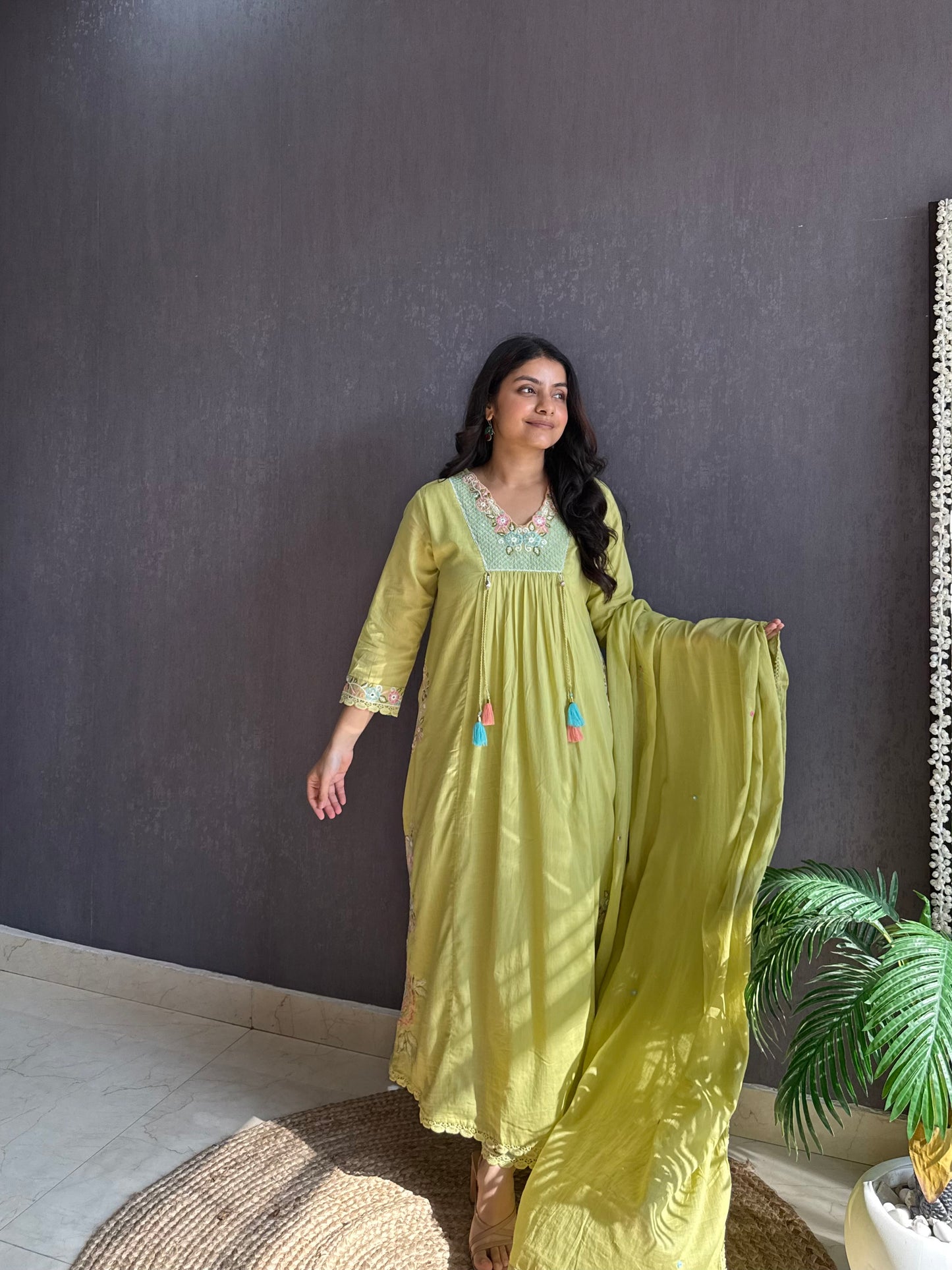 Premium mul cotton embroidered handwork Aline suit