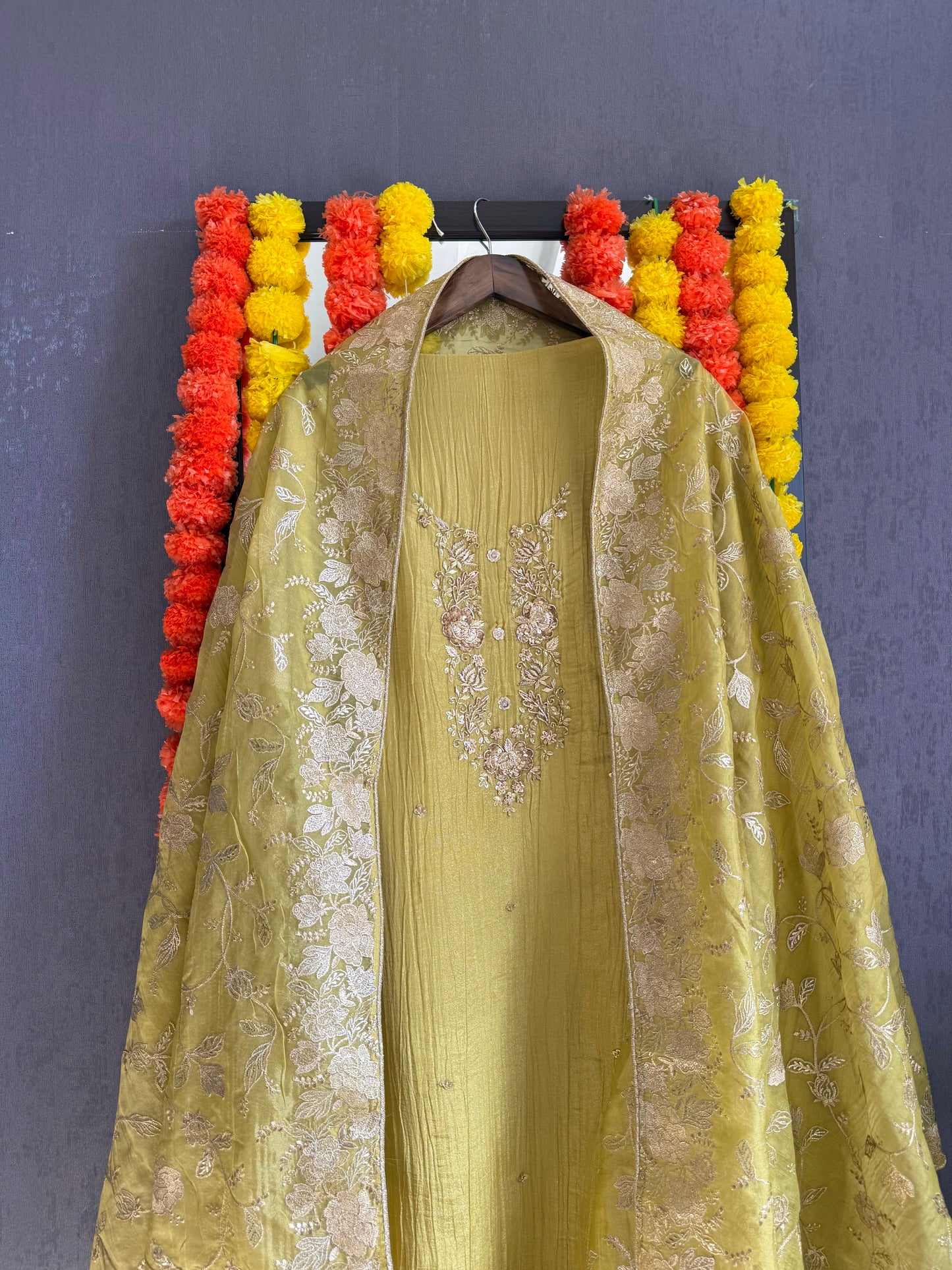 Luxurious crush tissue zardozi embroidered suit